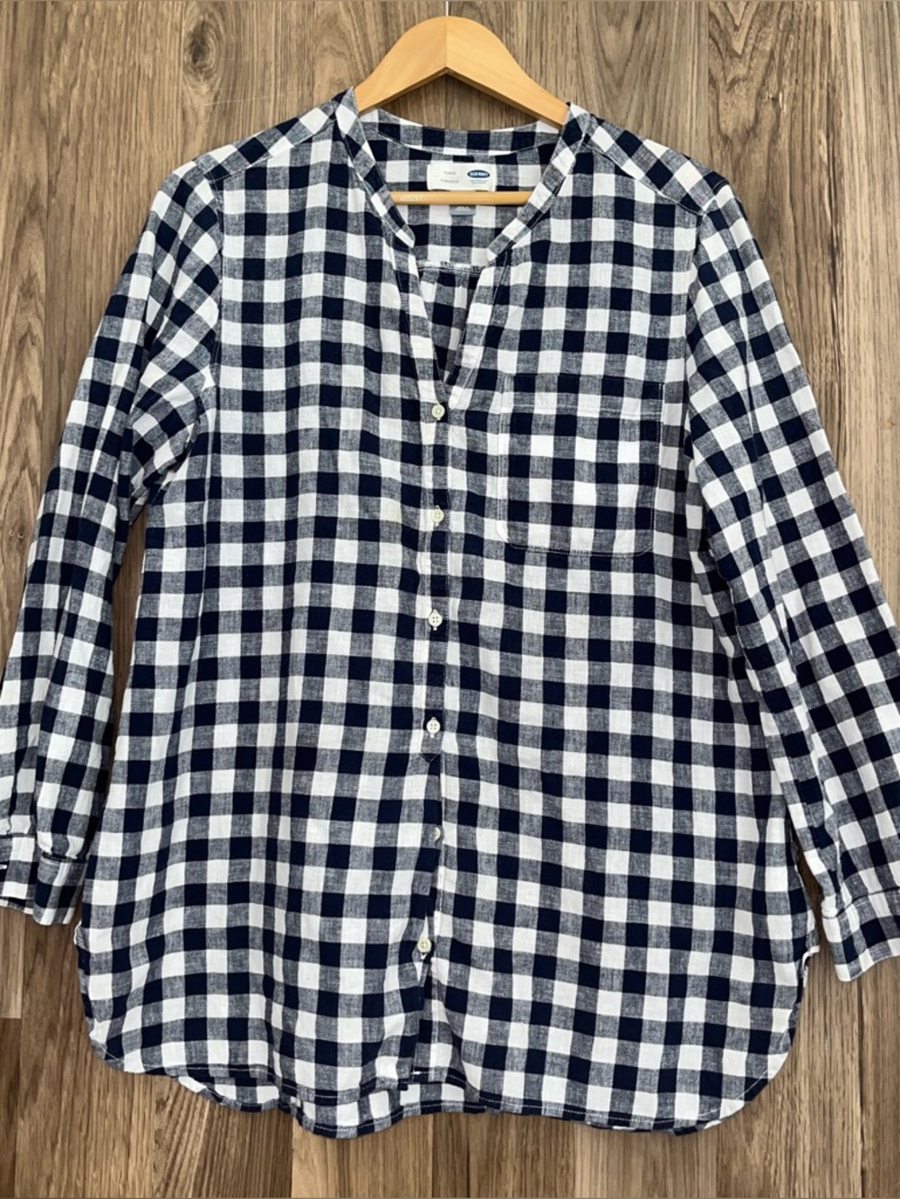 Old Navy Tunic Womens XL Navy Blue And White Gingham Check Linen Blend Coastal